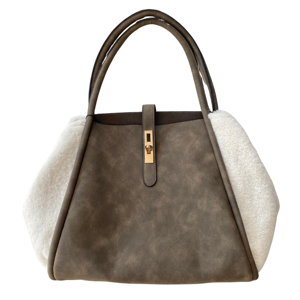 NWT FFC New York Lydia Sheep Faux Fur Large Tote Bag Purse Olive Green Natural